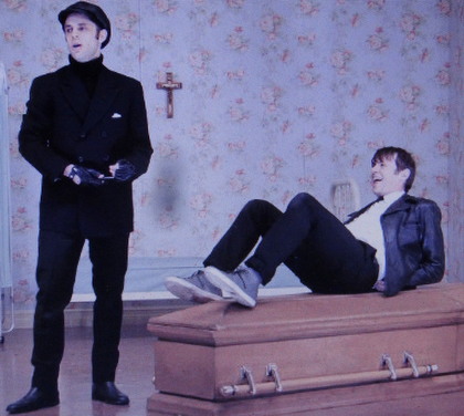 L to R: Ryan Garbayo as Dennis and Nick Westrate as Hal in Joe Orton's Loot, at the Lucille Lortel Theatre (Red Bull Theater).