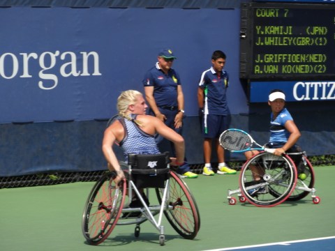 Women's Wheelchair Doubles Champtions in action. They won the 2014 Championship.