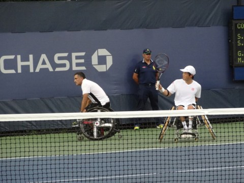 2014 Men's Wheelchair Tennis Doubles Final...the winning points for this team are being accrued: Hudet and Kunieda.