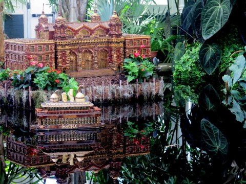 Palms of the World Gallery and Reflecting Pool, NYBG Holiday Train Show 2018, Lower Manhattan display