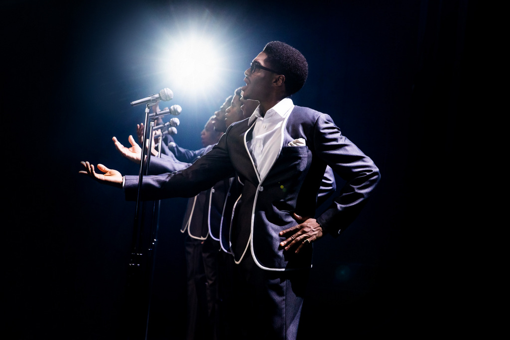 (L-R) Derrick Baskin, Jawan M. Jackson, Jeremy Pope, James Harkness, and Ephraim Sykes (front), Des MAnuff, Otis Williams, The Temptations, Dominique Morisseau