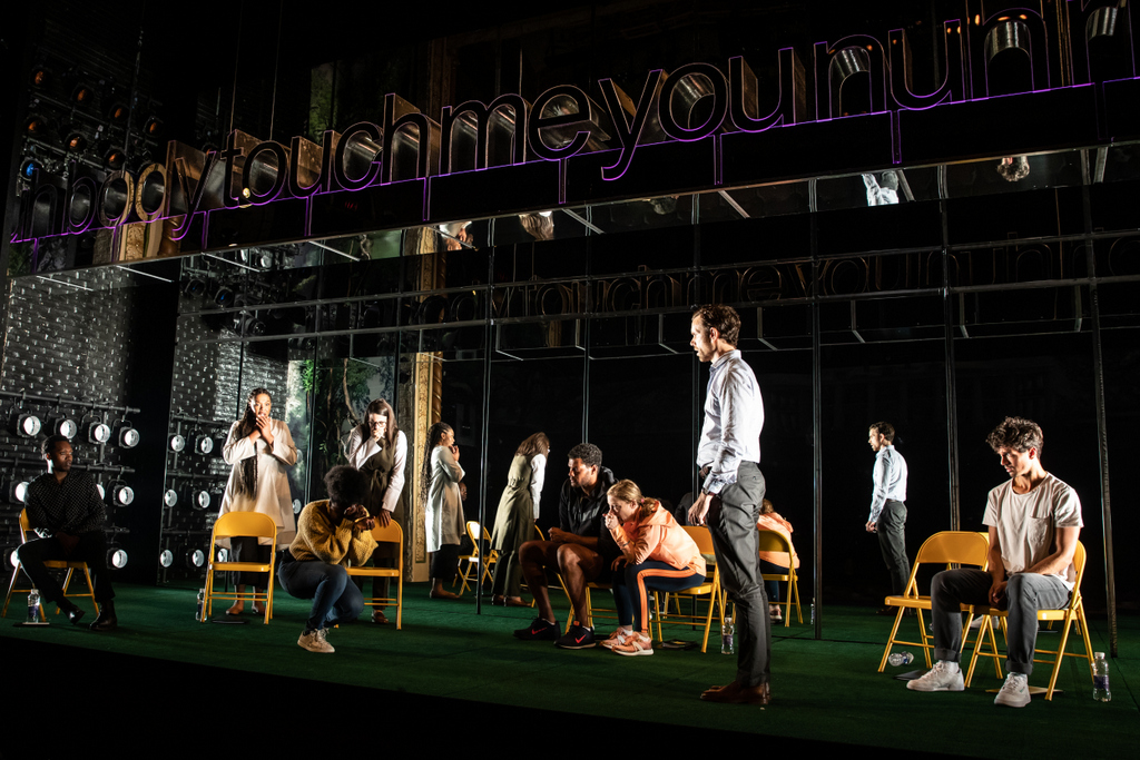 Ato Blankson-Wood, Chalia La Tour, Joaquina Kalukango (kneeling), Irene Sofia Lucio, Sullivan Jones, Annie McNamara, Paul Alexander Nolan, and James Cusati-Moyer. in 'Slave Play,' Jeremy O. Harris, Robert O'hara