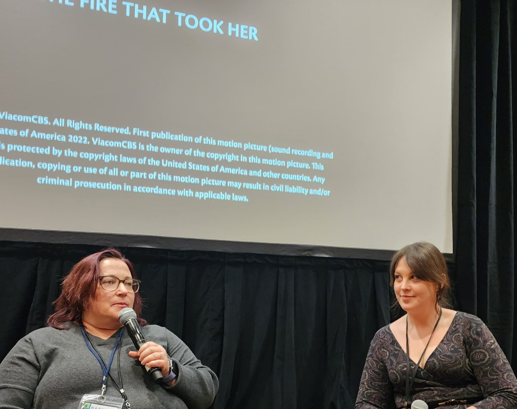(L to R): Co-Founder of AFF Melissa Silverstein and Patricia Gillespie discussing The Fire That Took Her (courtesy of Carole Di Tosti)