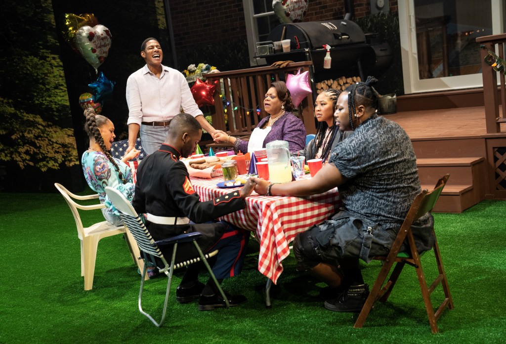 Clockwise: Calvin Leon Smith, Nikki Crawford, Billy Eugene Jones, Benja Kay Thomas, Adrianna Mitchell, Marcel Spears in 'Fat Ham' (courtesy of Joan Marcus)