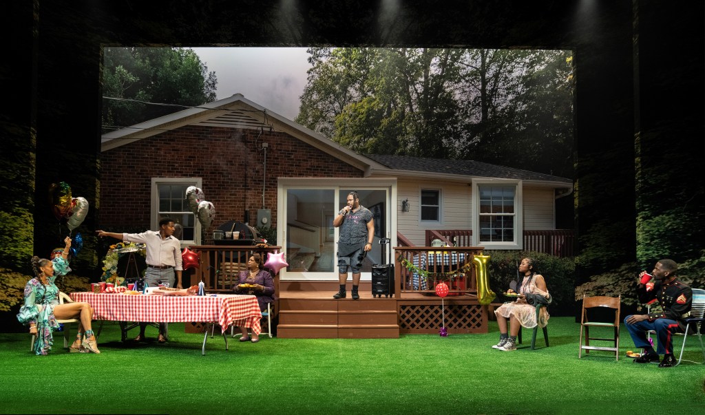 (L to R): Nikki Crawford, Billy Eugene Jones, Benja Kay Thomas, Marcel Spears, Adrianna Mitchell, Calvin Leon Smith in 'Fat Ham' (courtesy of Joan Marcus)