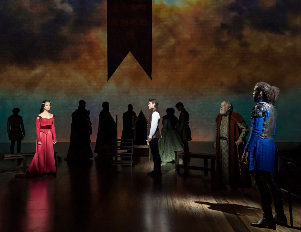 (L to R): Phillipa Soo, Andrew Burnap, Jordan Donica and company in Lincoln Center Theater's production of 'Camelot' (courtesy of Joan Marcus) 