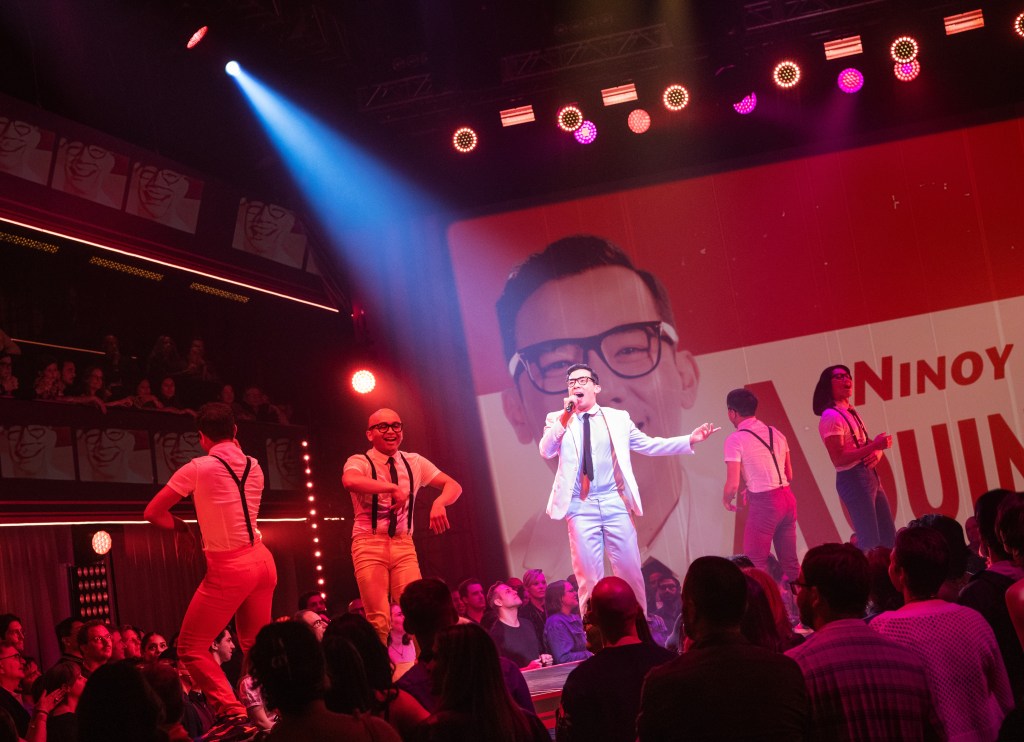 Conrad Ricamora and the cast in 'Here Lies Love' (Billy Bustamante, Matthew Murphy and Evan Zimmerman)