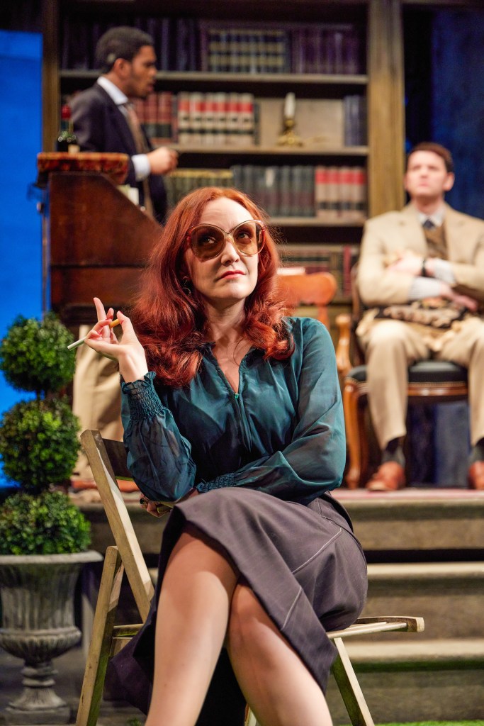 (Downstage): Sarah Street (Background, L-R): Roger Dominic Casey, Tom Holcomb in 'Aristocrats' (Jeremy Daniel)