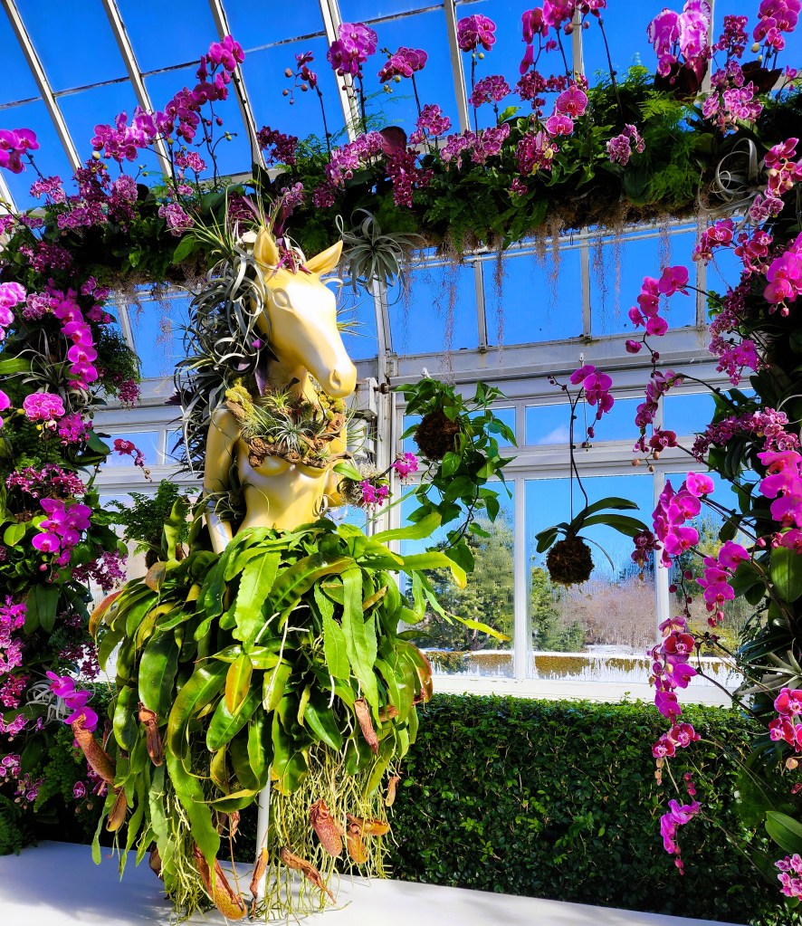 Hillary Taymour of Collina Strada's whimsical creation (closer detail-see the pitcher plants on the skirt of the horse creation). NYBG 'Florals in Fashion' (Carole Di Tosti)