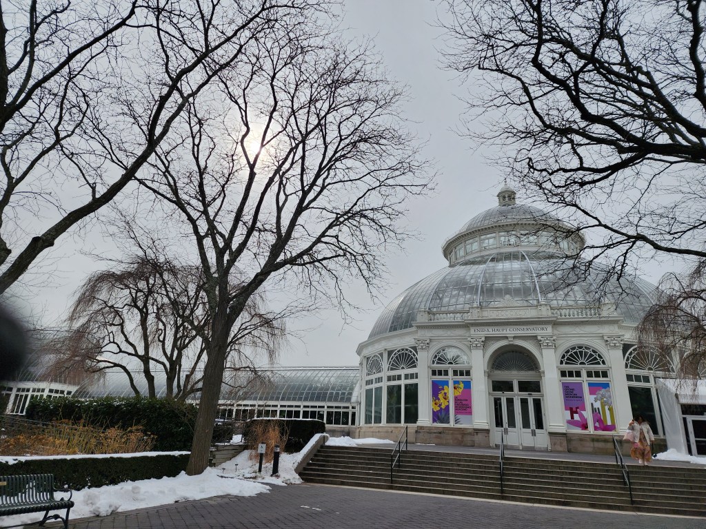 Clouds and a pale sun are emblematic of our NY winter. On the windows of the NYBG Enid A.Haupt Conservatory are the vibrant promise of orchids inside (Carole Di Tosti)