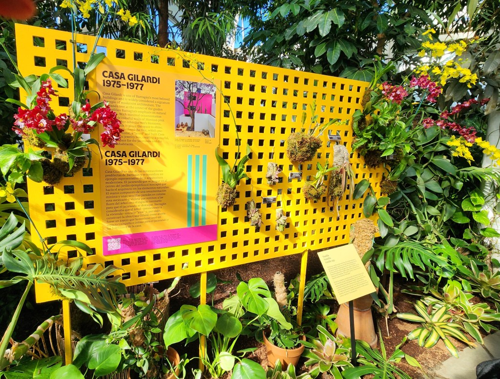 Look for the accompanying signage to understand how Luis Barragán's designs meld with the unique orchids chosen for the yellow lattice fences. (Carole Di Tosti)