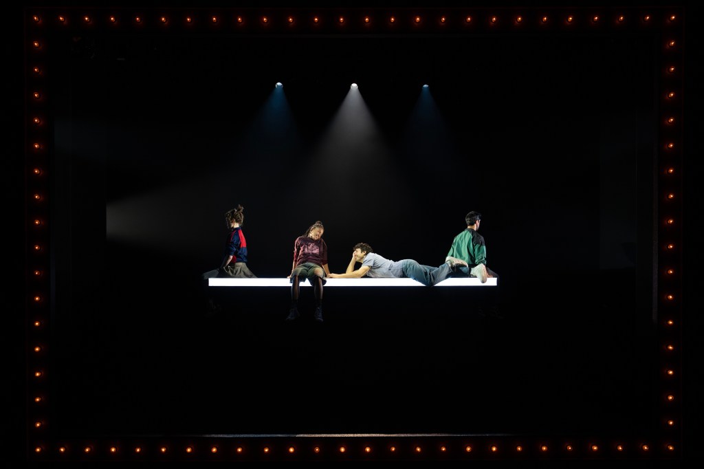 Adelind Horan, Ayana Workman, Japhet Balaban, and Sathya Sridharan in Glass. Kill. What If If Only. Imp. (Joan Marcus)