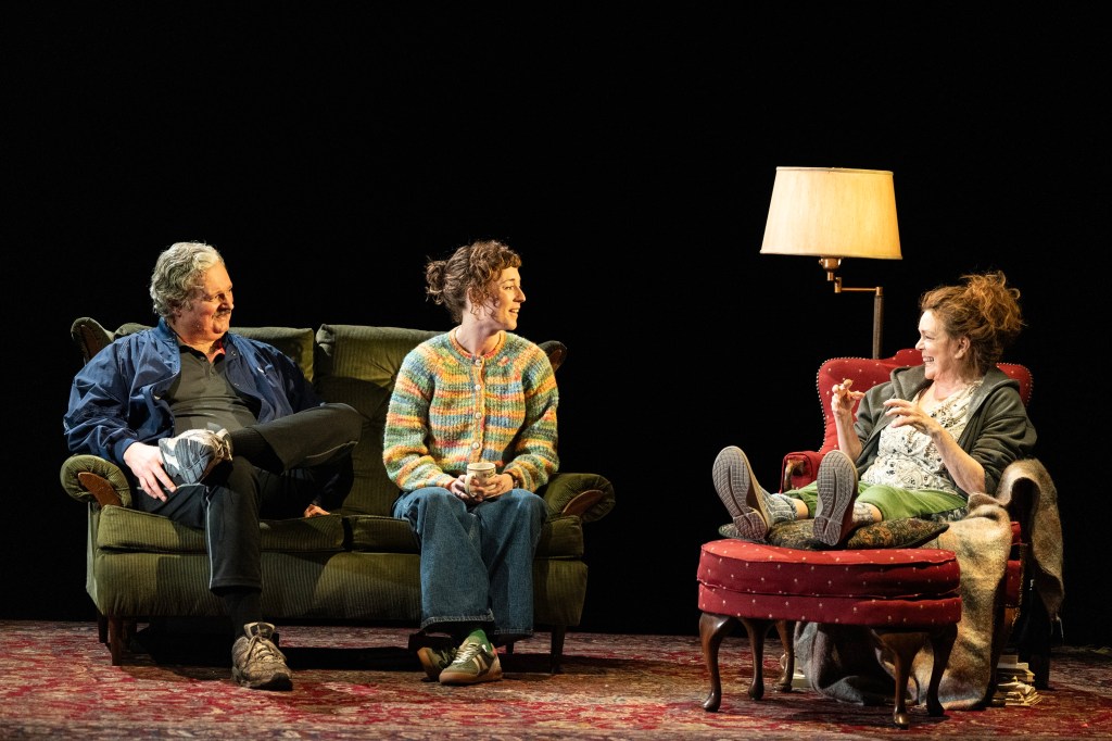 (L to R): John Ellison Conlee, Adelind Horan, and Deirdre O’Connell in Glass. Kill. What If If Only. Imp. (Joan Marcus)