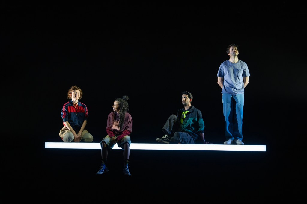 (L to R): Adelind Horan, Ayana Workman, Sathya Sridharan, Japhet Balaban in Glass. Kill. What If If Only. Imp. (Joan Marcus)