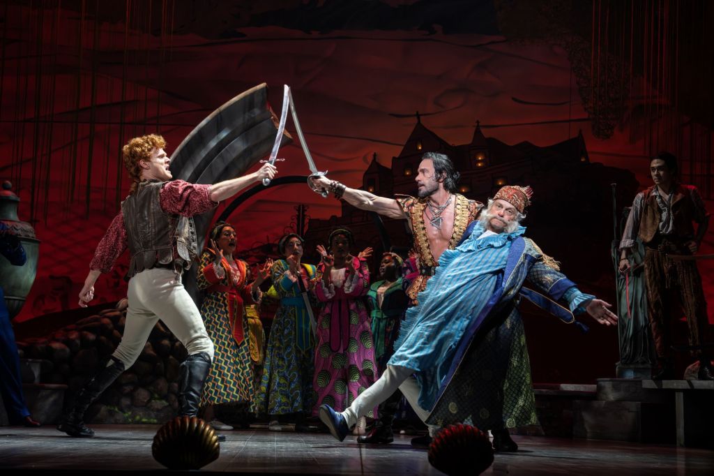 (L to R): Nicholas Barasch, Ramin Karimloo, David Hyde Pierce and the company of 'Pirates! The Penzance Musical' (Joan Marcus)