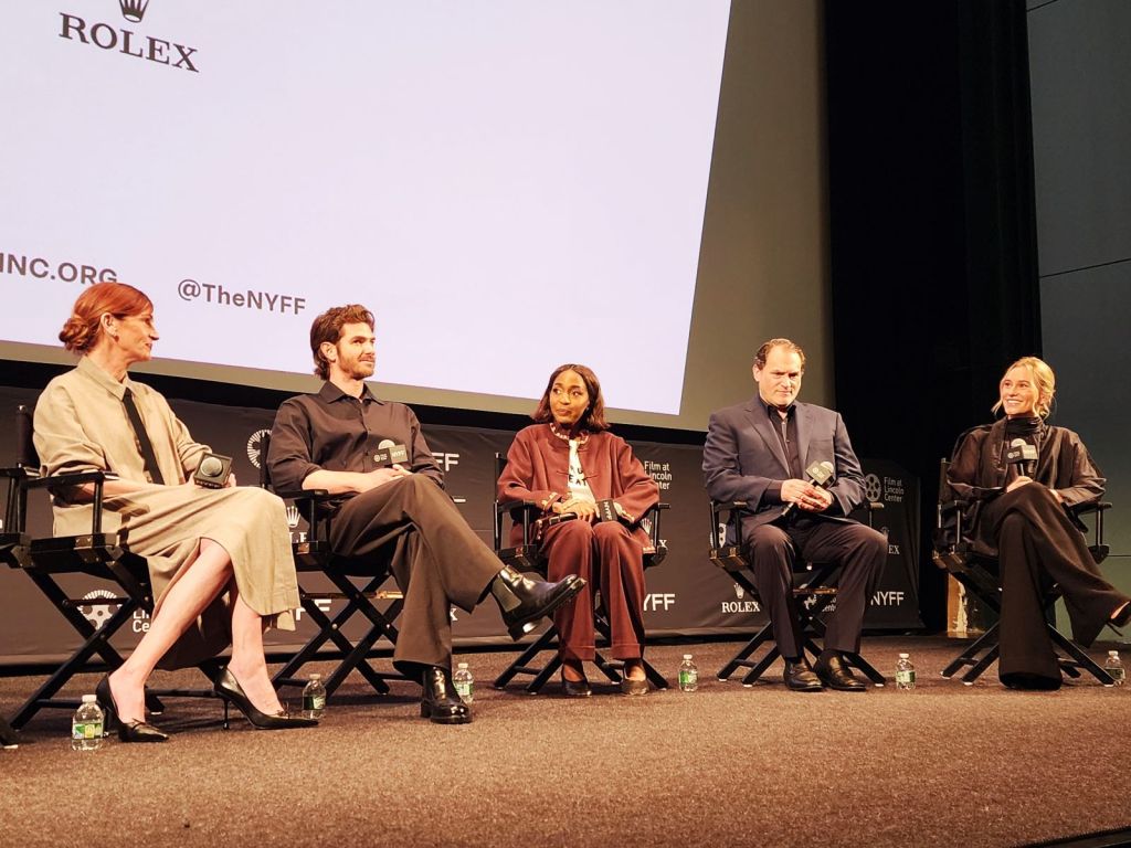 (L to R): Julia Roberts, Andrew Garfield, Ayo Edebiri, Michael Stuhlbarg, Nora Garrett (screenwriter) in 'After the Hunt' (Carole Di Tosti @NYFF press screening of the film) 