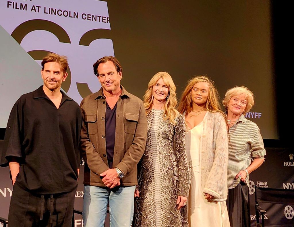 (L to R): Bradley Cooper, Will Arnett, Laura Dern, Andra Day, Christine Ebersole in a Q and A after the press screening of 'Is This Thing On?' at the 63rd NYFF (Carole Di Tosti)