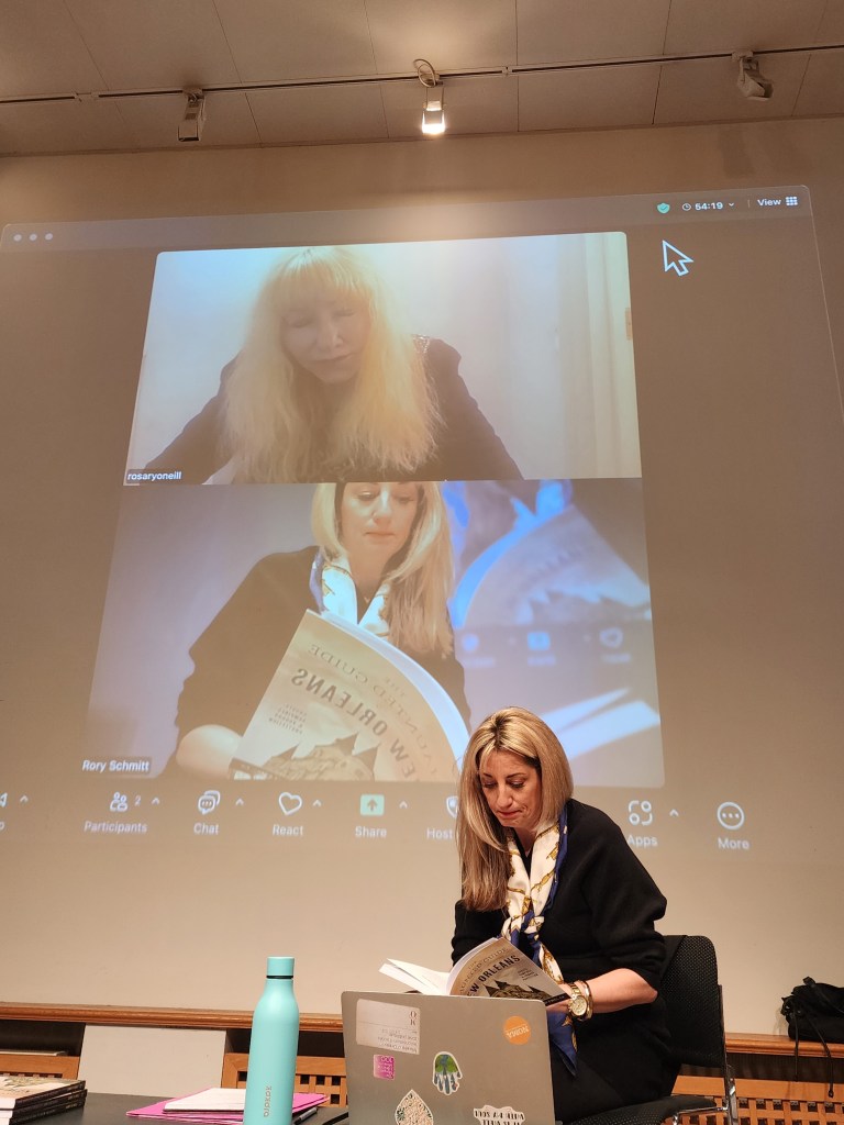 Rosary O'Neill (on Zoom) and Rory Schmitt discuss their latest release 'The Haunted Guide to New Orleans in Paris at the Irish Cultural Centre where Rory has a residency to write, research and present her findings (Carole Di Tosti)