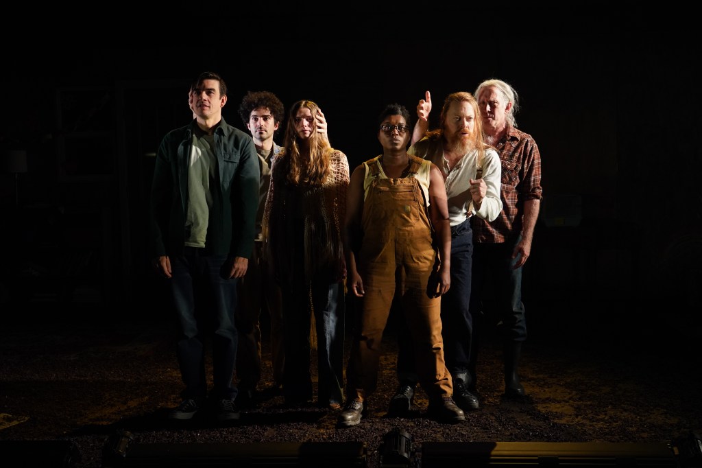 (L to R): Bobby Moreno, Bartley Booz, Cricket Brown Donnetta Lavinia Grays, Jeff Biehl, Bruce McKenzie in 'The Burning Cauldron of Fiery Fire' (Carol Rosegg)