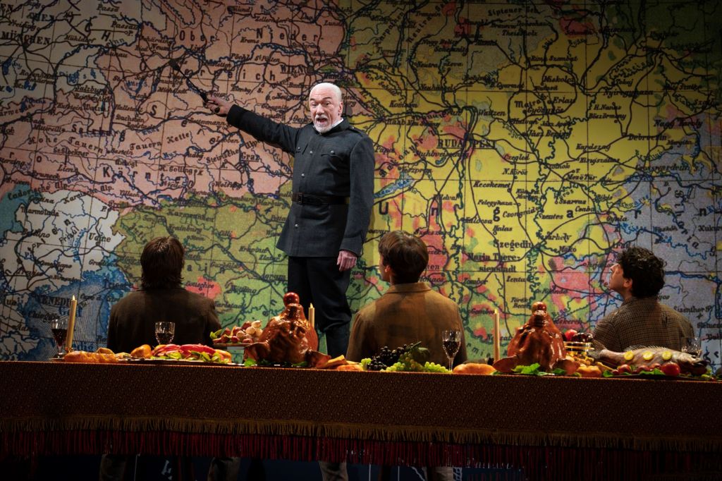 (L to R): Patrick Page (upstage), Jason Sanchez, Adrien Rolet, Jake Berne (downstage) in 'Archduke' (Joan Marcus)