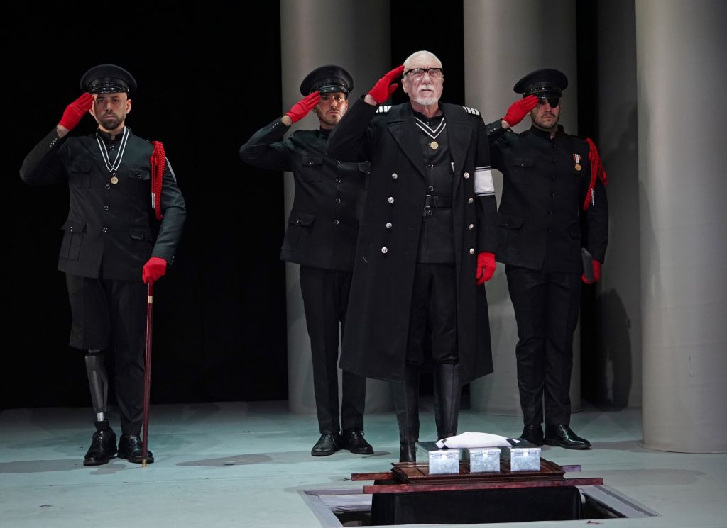 (L to R): Anthony Michael Lopez, Anthony Michal Martinez, Patrick Page, Zack Lopz Roa in '[Titus Andronicus' (Joan Marcus)