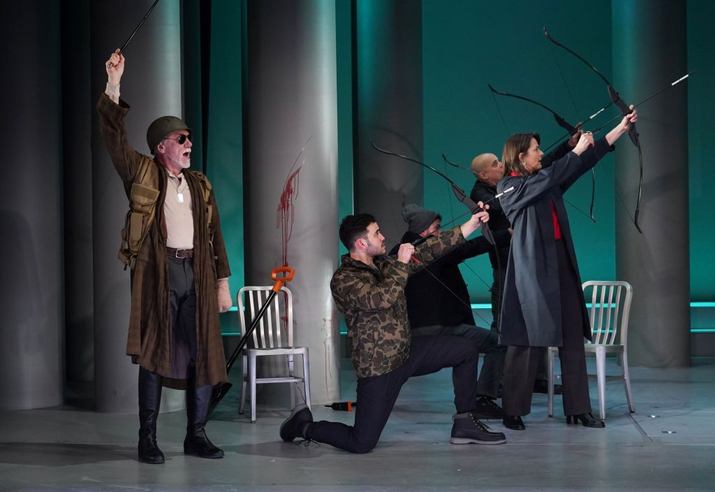 (L to R): Patrick Page, Zack Lopez Roa, Anthony Michael Martinez, Howard W. Overshown, Enid Graham in 'Titus Andronicus' (Joan Marcus)