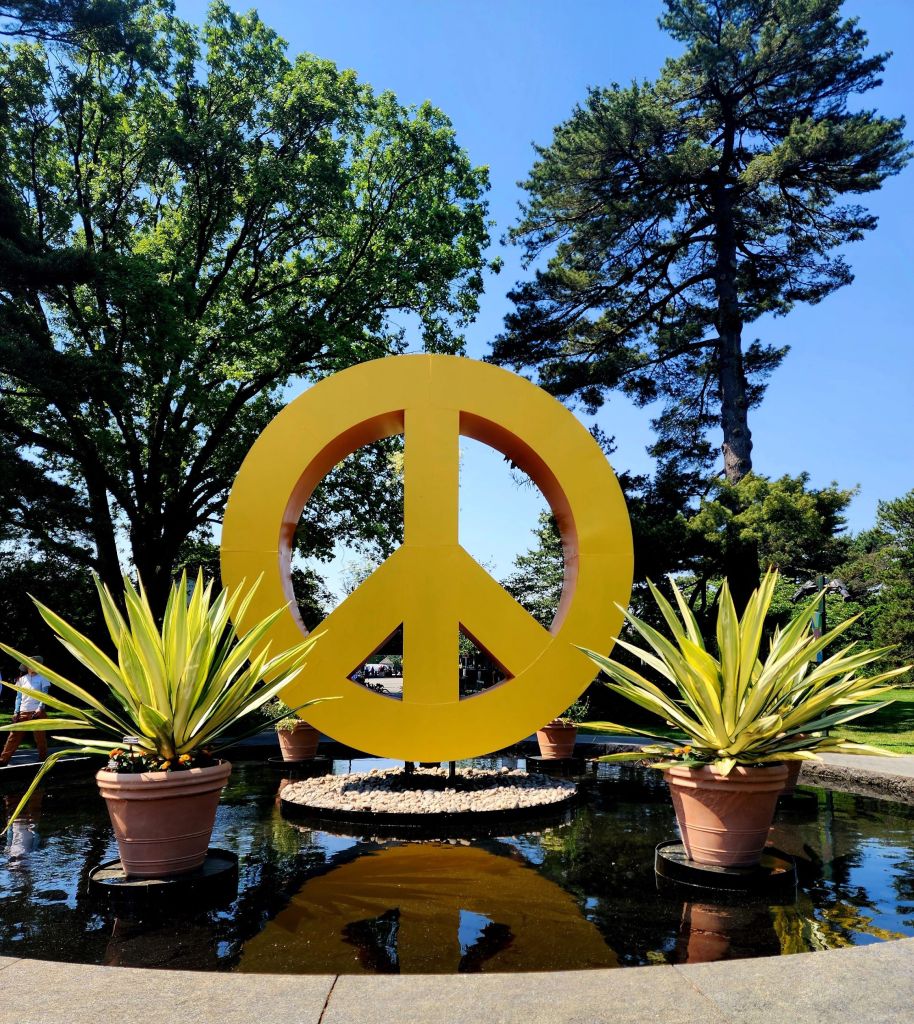 The back of the sign in the reflecting pool begging for some flowers to be tossed into the pool as an affirmation of peace (Carole Di Tosti)