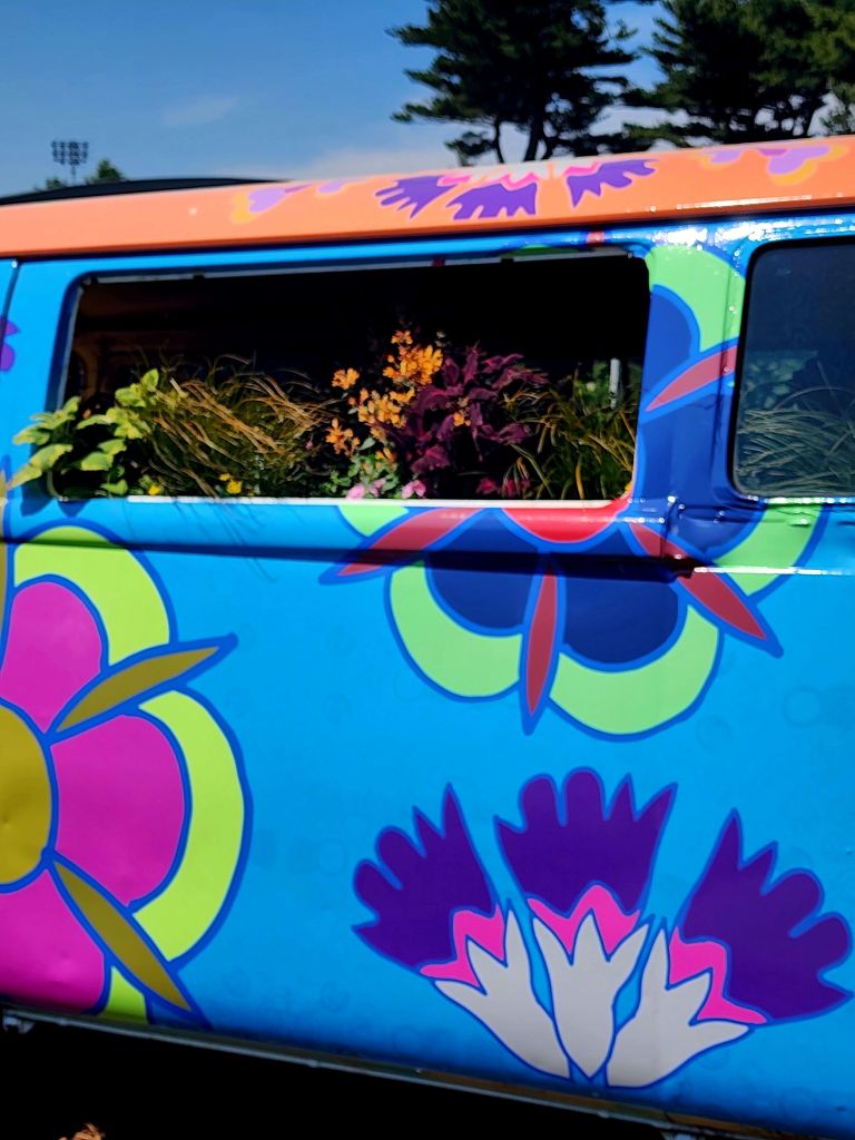 Volkswagon bus detail, note the passenger flowers. Vinyl on found VW van at NYBG (Carole Di Tosti)