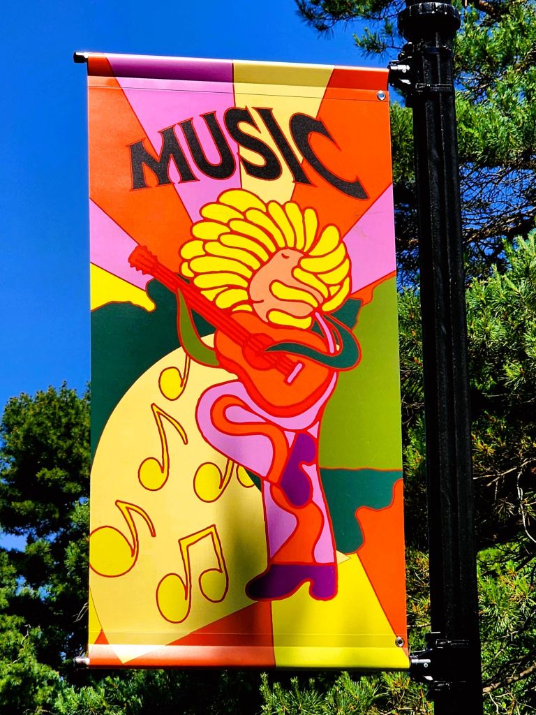Colorful poster art was the rage. On the walkway up to the Enid A. Haup Conservatory we see Mushuman's hand painted tapestry installations sing their color inside and outside Flower Power, NYBG (Carole Di Tosti)