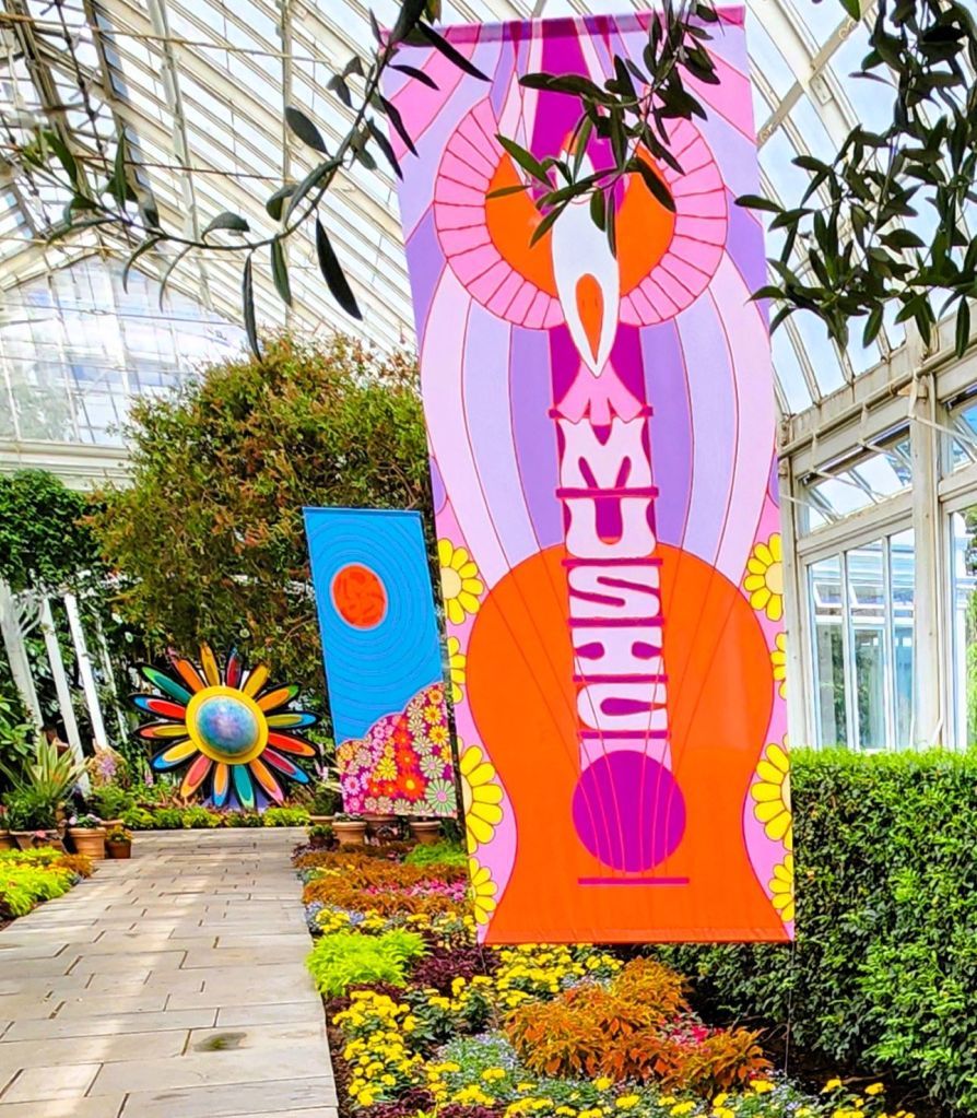 Eugenia Mello's banners on the NYBG Enid A Haupt Conservatory walkway (Carole Di Tosti)