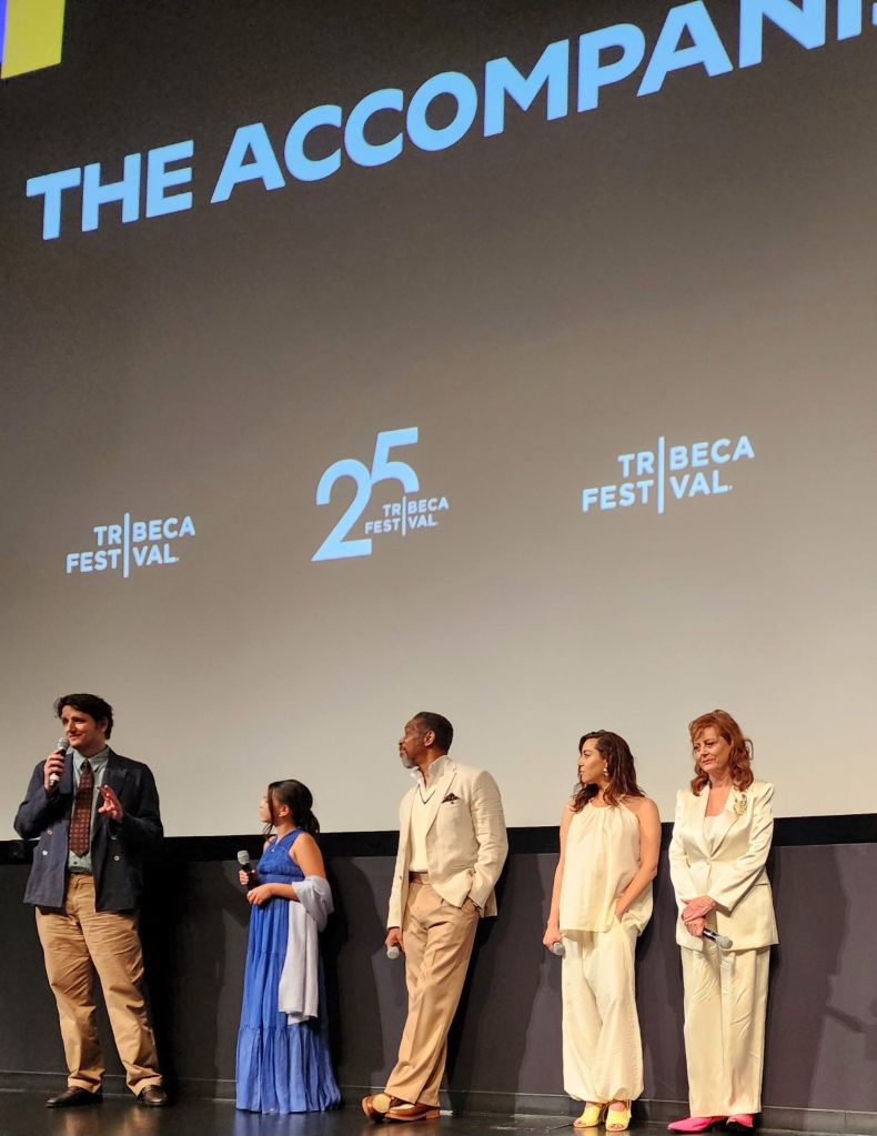 (L to R): Zach Woods, Everly Carganilla, Devyn Morrow, Aubrey Plaza, Susan Sarandon in The Accompanist at Tribeca Festival after the screening (Carole Di Tosti)