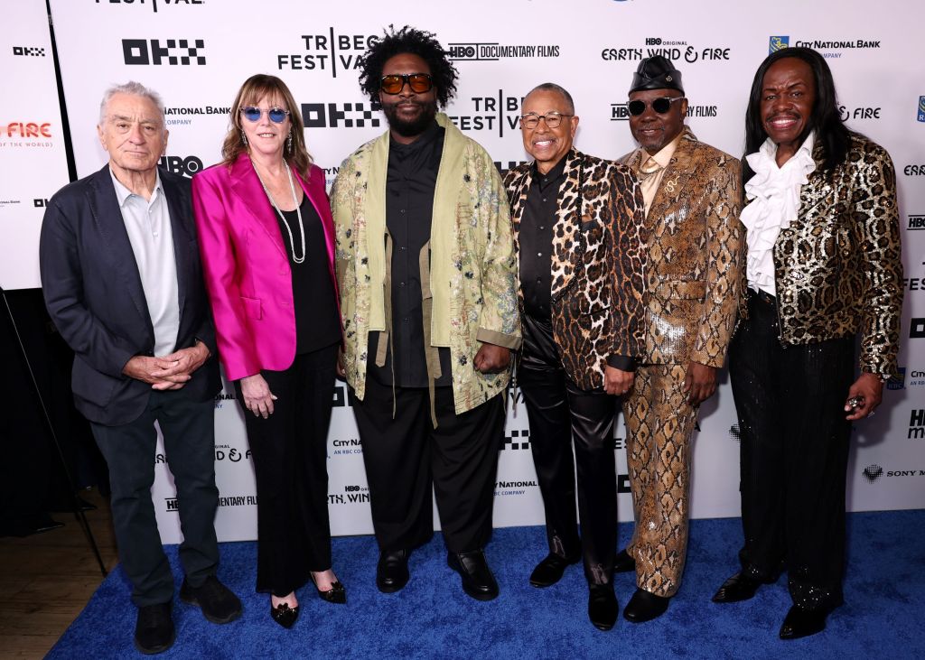 (L to R): Robert De Niro, Jane Rosenthal, Amir "Questlove" Thompson, Ralph Johnson, Philip Bailey, Verdine White at the world premiere of HBO's 'Earth, Wind & Fire' documentary (Getty Images).