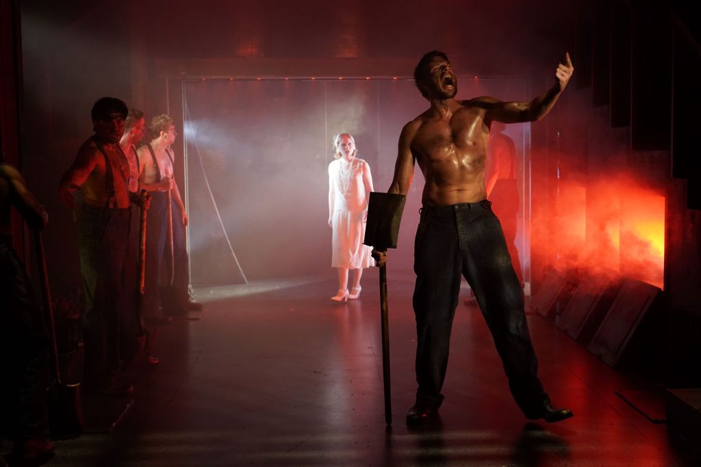 (L to R): Ariyan Kassam, Harrison Tipping, Elizabeth Teeter, Jon Beavers in 'The Hairy Ape' (Carol Rosegg)